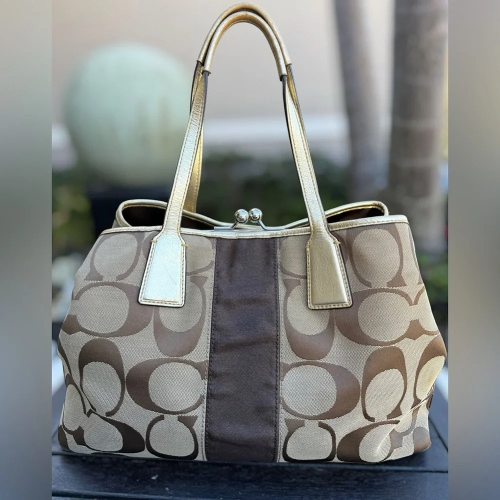 Coach Signature Stripe Kisslock Carryall - Picture 1 of 16